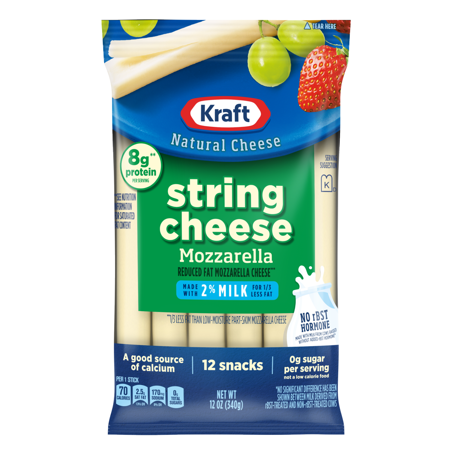 slide 1 of 3, Kraft String Cheese, 2% Reduced Fat, Mozzarella, 12ct, 12 oz