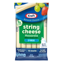 Kraft String Cheese Mozzarella Cheese Snacks with 2% Milk, 12 ct Sticks