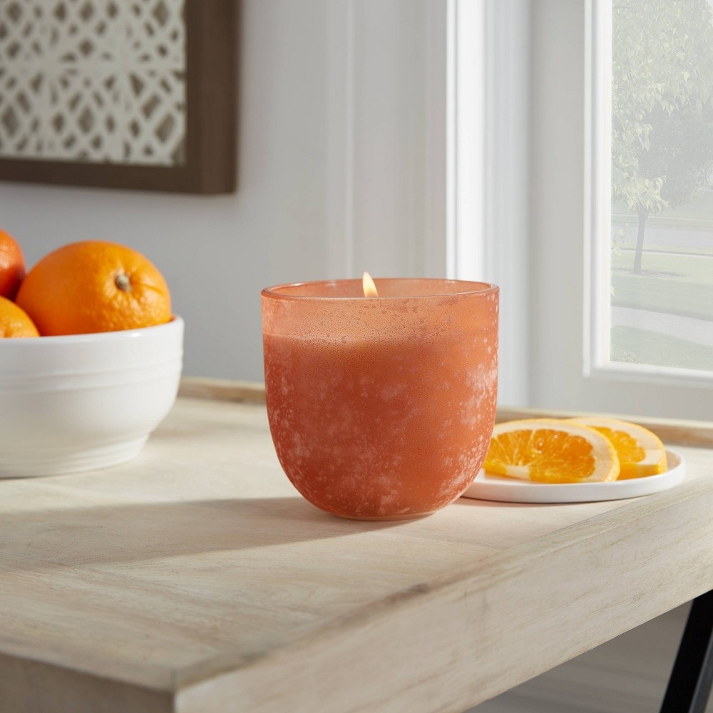 slide 2 of 3, 10oz Tinted Salt Finish Glass Candle with Wood Lid Davana & Orange - Threshold, 10 oz