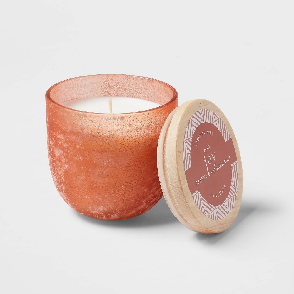 slide 3 of 3, 10oz Tinted Salt Finish Glass Candle with Wood Lid Davana & Orange - Threshold, 10 oz