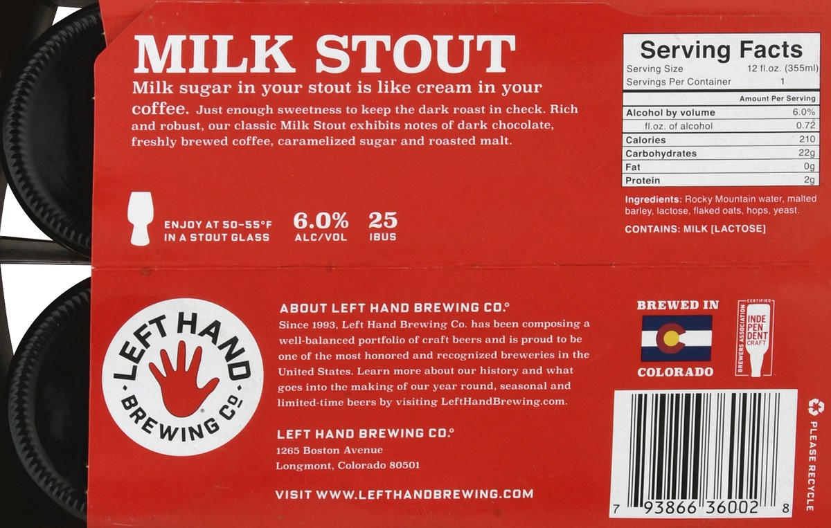 slide 4 of 12, Left Hand Brewing Milk Stout Beer 6 ea, 6 ct; 12 oz