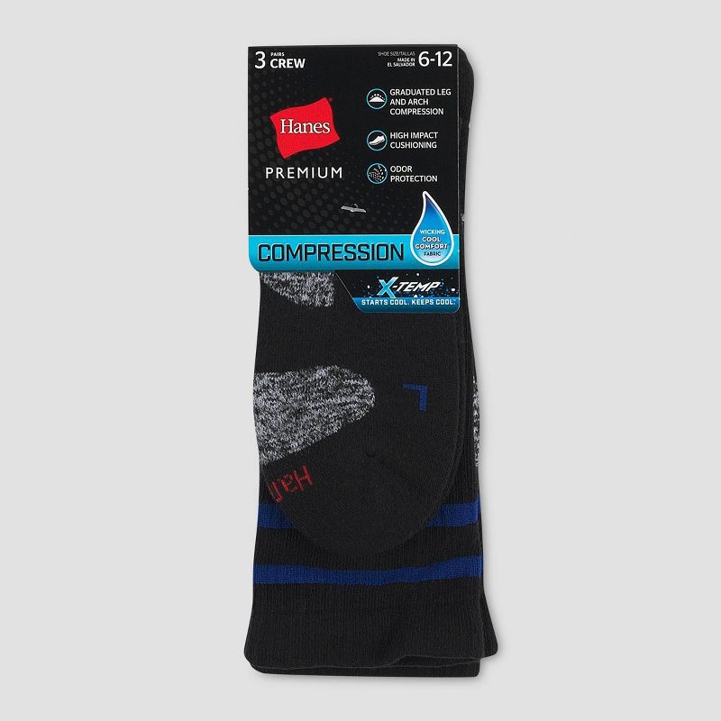 slide 1 of 3, Hanes Premium Men's Compression Crew Socks 3pk - Black/Blue 6-12, 3 ct