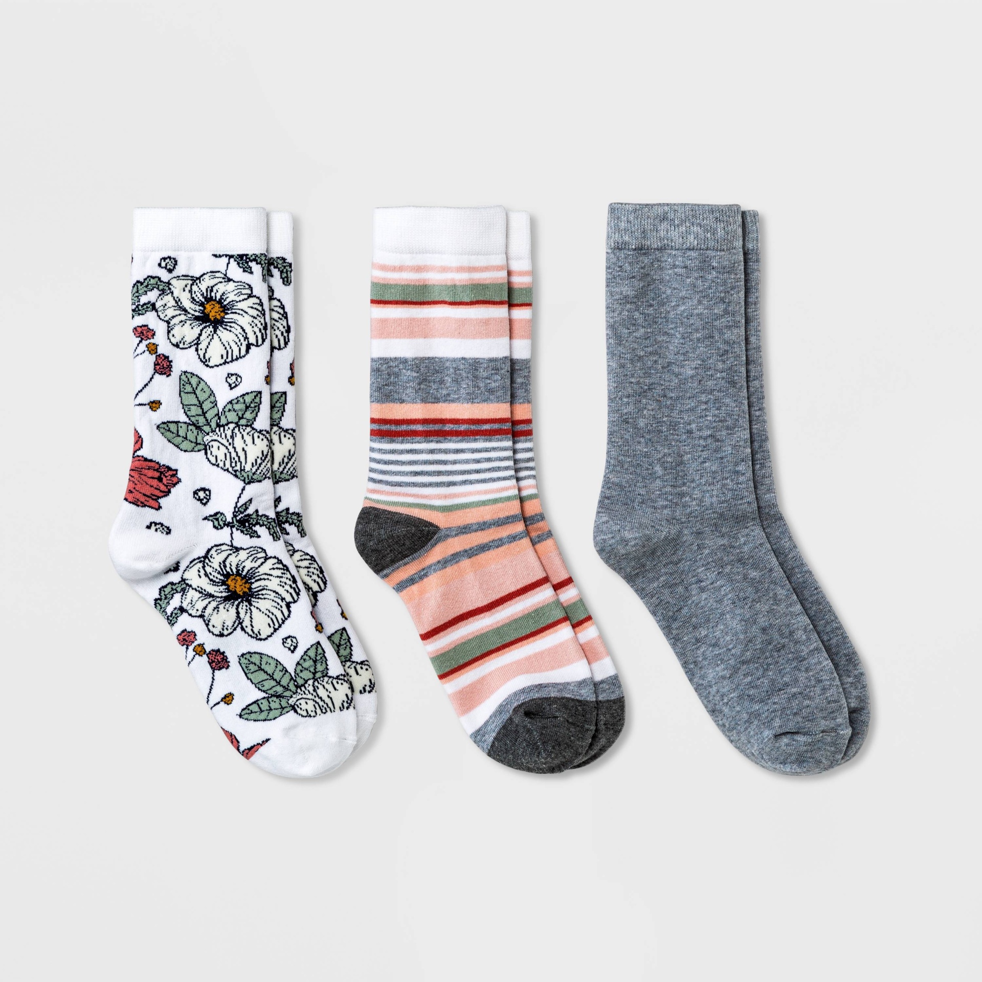 slide 1 of 2, Women's Floral Garden 3pk Crew Socks - A New Day Ivory/Gray 4-10, 3 ct