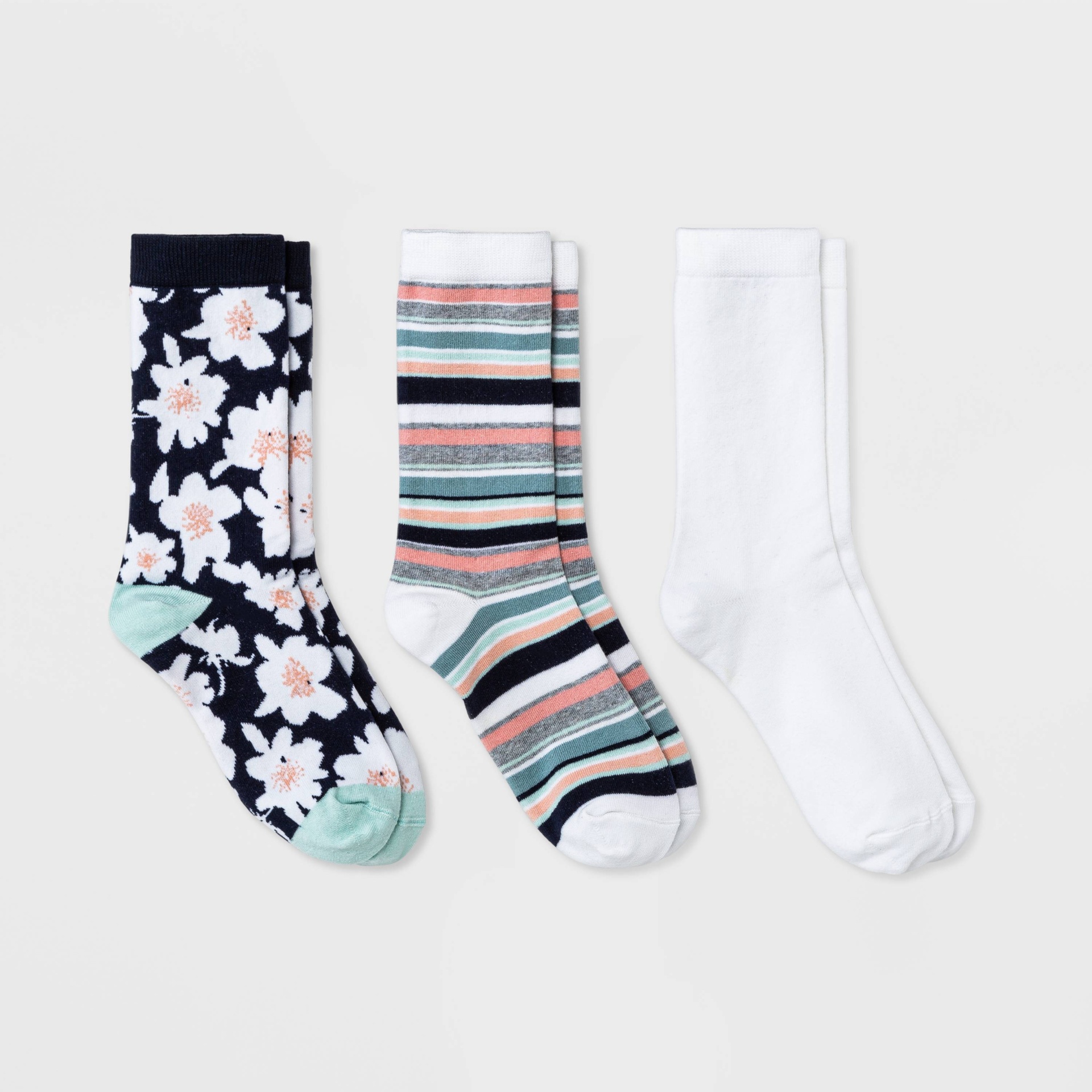 slide 1 of 2, Women's Floral 3pk Crew Socks - A New Day Navy/Ivory 4-10, 3 ct
