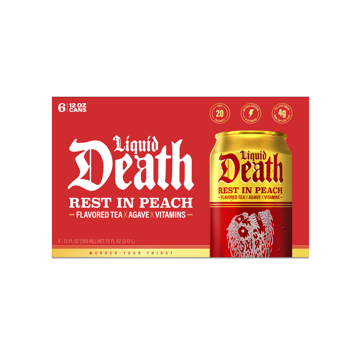 slide 1 of 4, Liquid Death, Rest in Peach Iced Tea, Peach Flavored Back Tea, 6 ct