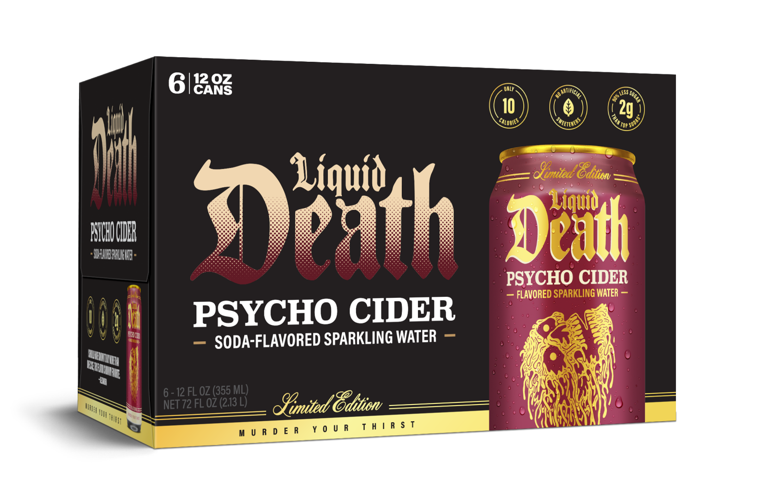 slide 5 of 5, Liquid Death, Psycho Cider, Soda-Flavored Sparkling Water, 6-Pack (12oz Cans), Low Calorie & No Artificial Sweeteners, 6 ct; 12 oz