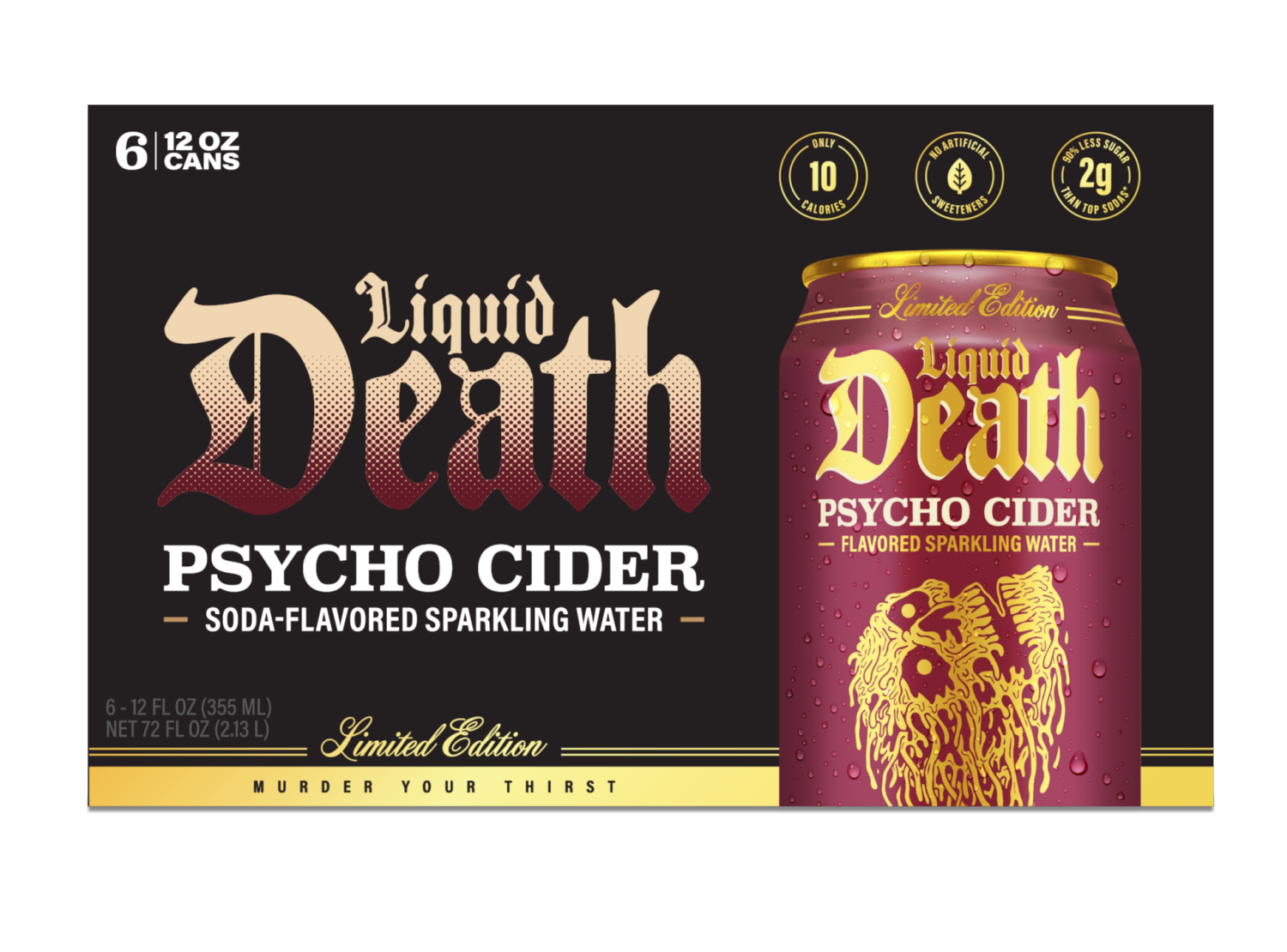 slide 1 of 5, Liquid Death, Psycho Cider, Soda-Flavored Sparkling Water, 6-Pack (12oz Cans), Low Calorie & No Artificial Sweeteners, 6 ct; 12 oz