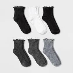Women's Lettuce Edge 6pk Ankle Socks - A New Day™ Black/White/Gray 4-10: Ruffle Trim, Tagless, Midweight Knit, Machine Washable