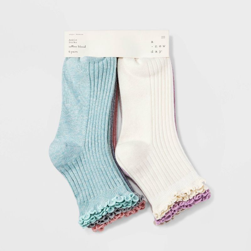 slide 2 of 2, Women's Lettuce Edge 6pk Ankle Socks - A New Day™ Pastel 4-10: Ruffle Trim, Tagless, Knit Fabric, 6 ct