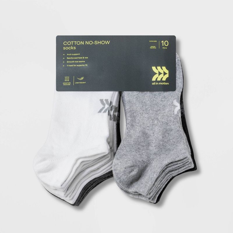 slide 2 of 3, Women's Lightweight 10pk No Show Socks - All In Motion™ White/Black/Gray 4-10: Moisture Wicking, Arch Support, 10 ct