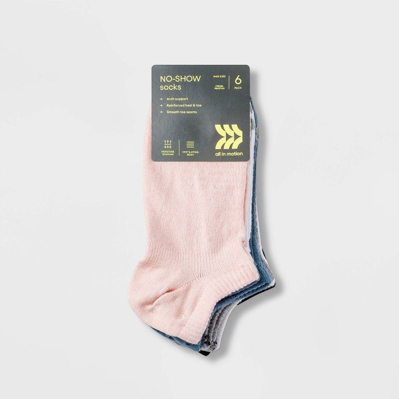 slide 2 of 3, Women's Lightweight Mesh Striped L-Band 6pk No Show Socks - All In Motion™ Pink/Blue/Gray/White 4-10: Breathable Knit, 6 ct