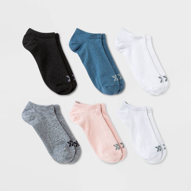 slide 1 of 3, Women's Lightweight Mesh Striped L-Band 6pk No Show Socks - All In Motion™ Pink/Blue/Gray/White 4-10: Breathable Knit, 6 ct