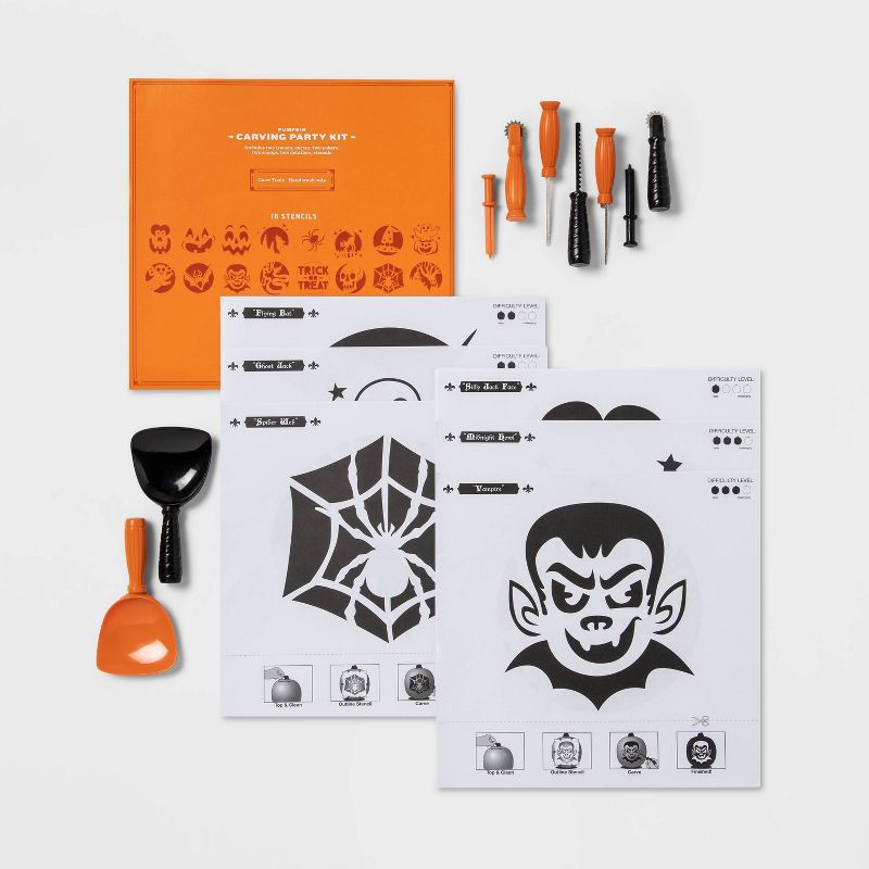 slide 2 of 3, Halloween 9ct Tools and 16ct Patterns Pumpkin Carving Party Kit - Hyde and EEK! Boutique™: Includes Stencils & Scoops, 9 ct, 16 ct
