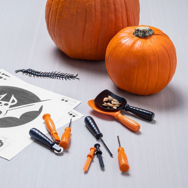 slide 3 of 3, Halloween 9ct Tools and 16ct Patterns Pumpkin Carving Party Kit - Hyde and EEK! Boutique™: Includes Stencils & Scoops, 9 ct, 16 ct