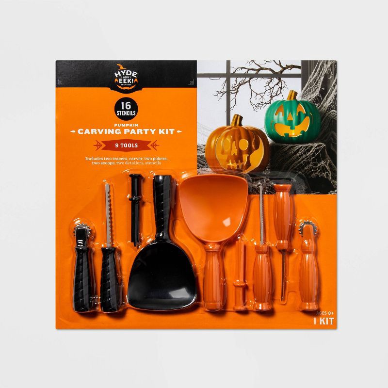 slide 1 of 3, Halloween 9ct Tools and 16ct Patterns Pumpkin Carving Party Kit - Hyde and EEK! Boutique™: Includes Stencils & Scoops, 9 ct, 16 ct