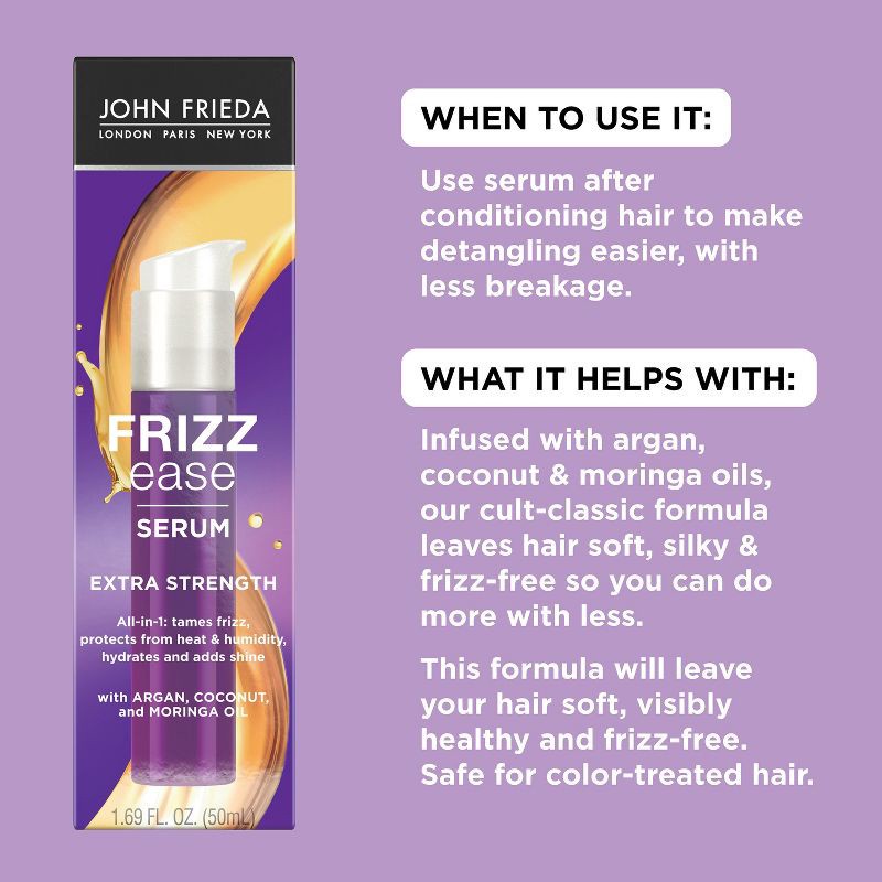 slide 8 of 11, John Frieda Frizz Ease Extra Strength Hair Serum, Nourishing Treatment Argan, Coconut, and Moringa Oil - 1.69 fl oz, 1.69 fl oz