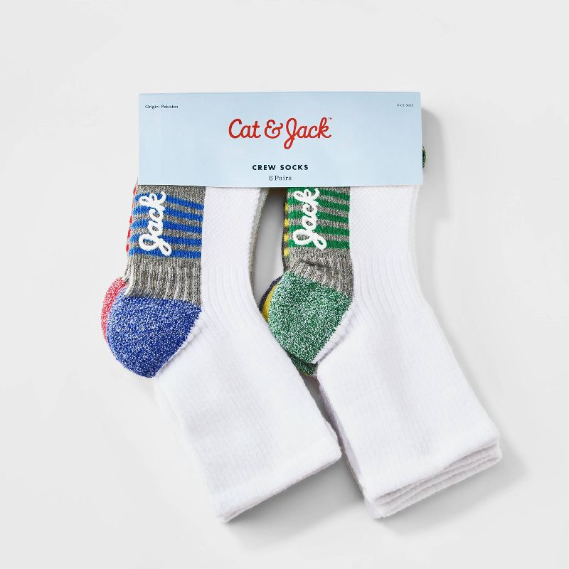slide 2 of 2, Toddler Boys' 6pk Crew Socks - Cat & Jack™ 4T-5T: Cotton Blend, Stripe Pattern, Knit Construction, Flat Seams, 6 ct