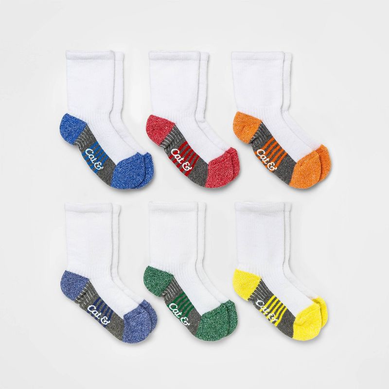 slide 1 of 2, Toddler Boys' 6pk Crew Socks - Cat & Jack™ 4T-5T: Cotton Blend, Stripe Pattern, Knit Construction, Flat Seams, 6 ct