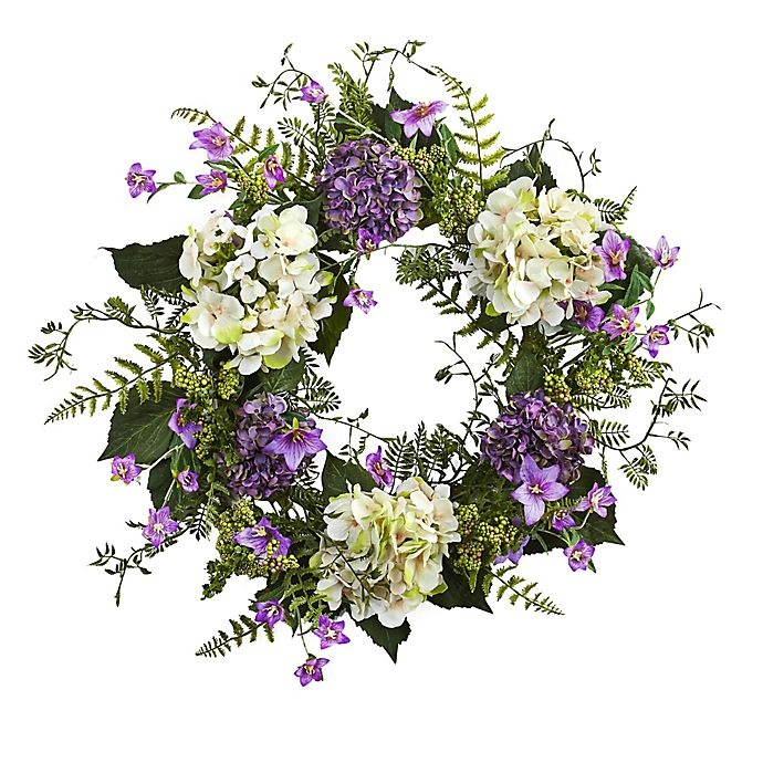 slide 1 of 1, Nearly Natural Artificial Hydrangea & Berry Wreath, 24 in