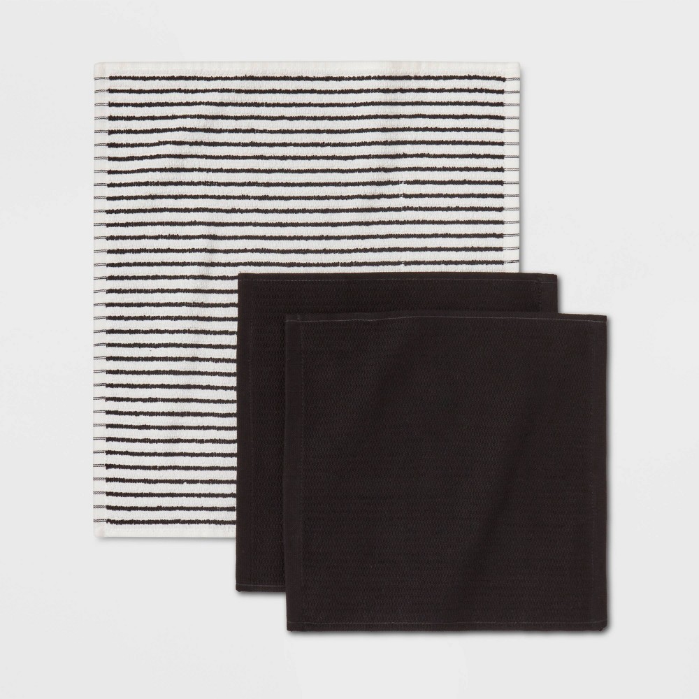 slide 3 of 3, 3pk 1 Striped, 2 Solid Dish Cloths Black - Room Essentials, 3 ct