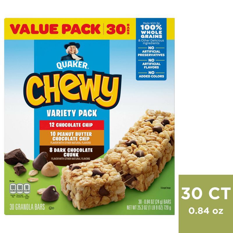 slide 8 of 8, Quaker Chewy 3 Flavor Variety Pack Granola Bars - 25.3oz/30ct, 25.3 oz, 30 ct