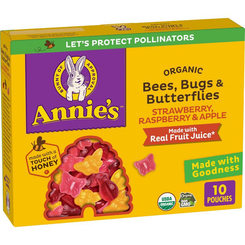 slide 1 of 8, Annie's Organic Bees, Bugs & Butterflies Strawberry, Raspberry & Apple Fruit Snacks - 7oz/10ct, 10 ct; 7 oz