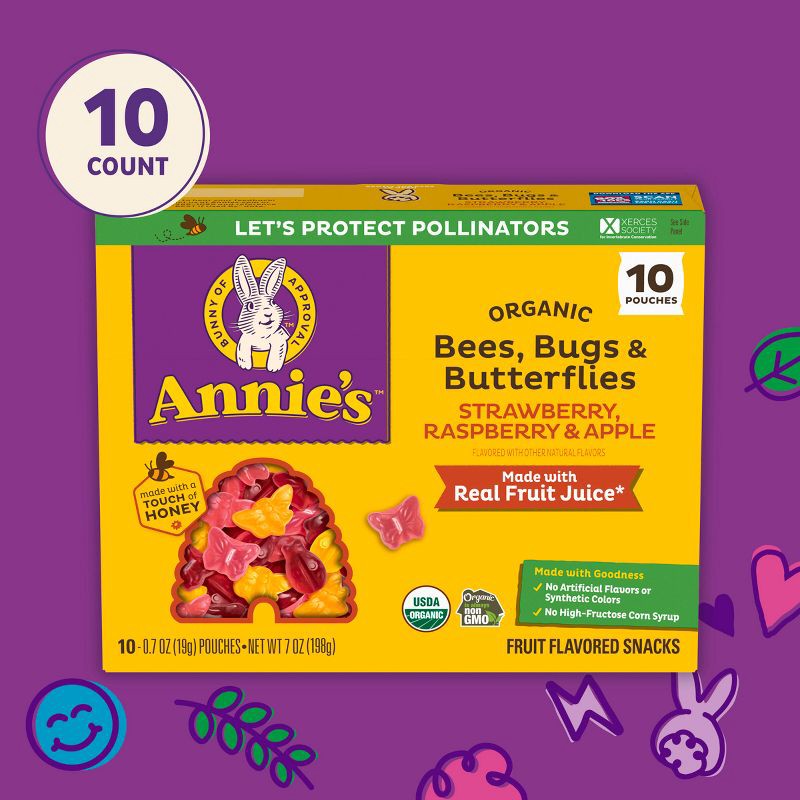 slide 5 of 8, Annie's Organic Bees, Bugs & Butterflies Strawberry, Raspberry & Apple Fruit Snacks - 7oz/10ct, 10 ct; 7 oz