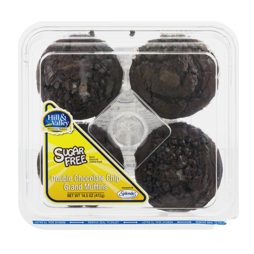 slide 1 of 1, Hill & Valley Double Chocolate Chip Grand Muffins Sugar Free, 4 ct; 14.5 oz