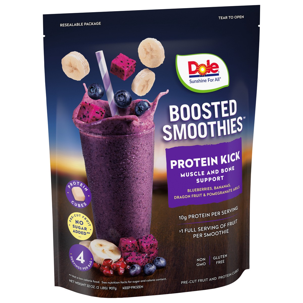 slide 3 of 9, Dole Protein Kick Boosted Blueberries, Bananas, Dragon Fruit & Pomegranate Seeds Smoothie Kit 32 oz, 32 oz