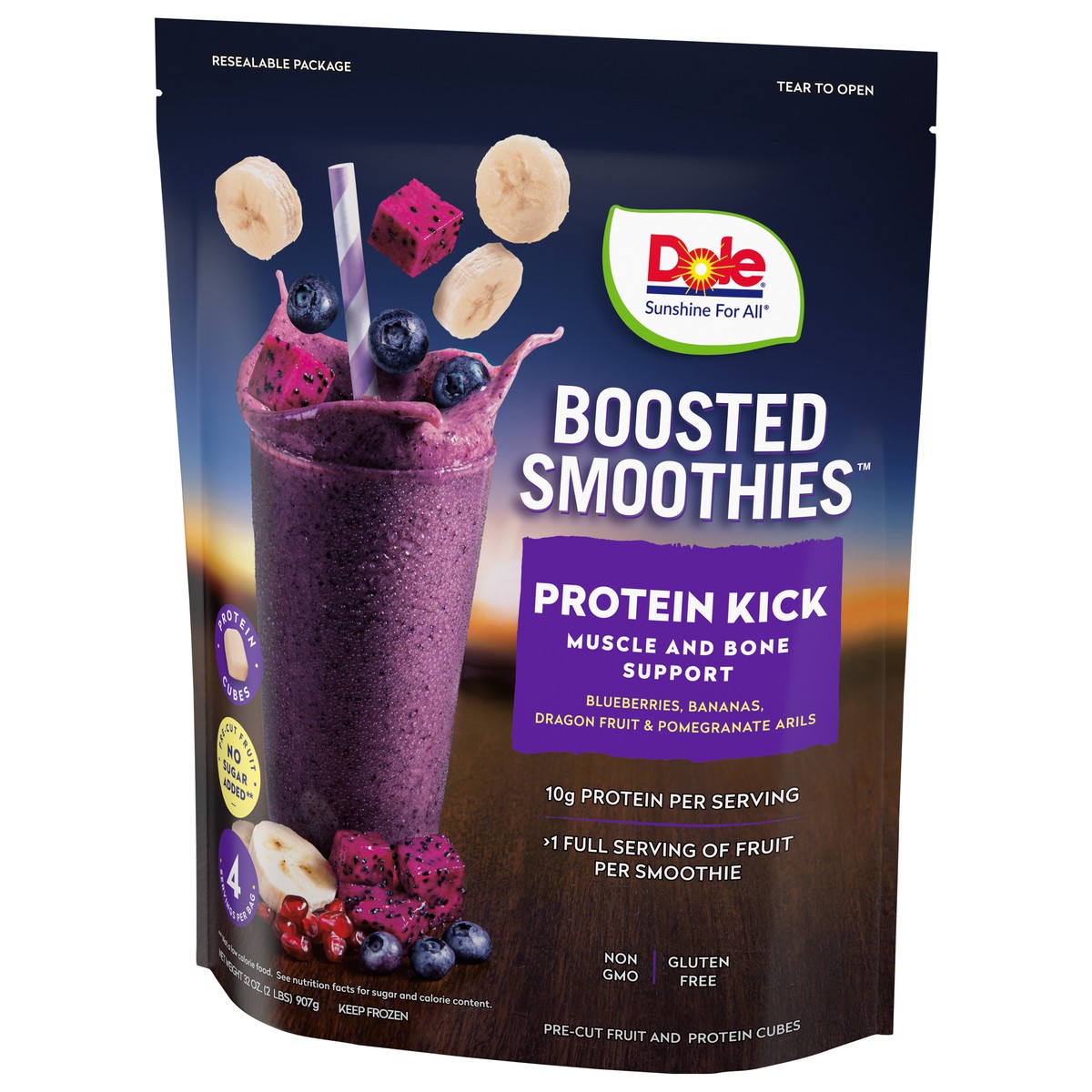 slide 4 of 9, Dole Protein Kick Boosted Blueberries, Bananas, Dragon Fruit & Pomegranate Seeds Smoothie Kit 32 oz, 32 oz