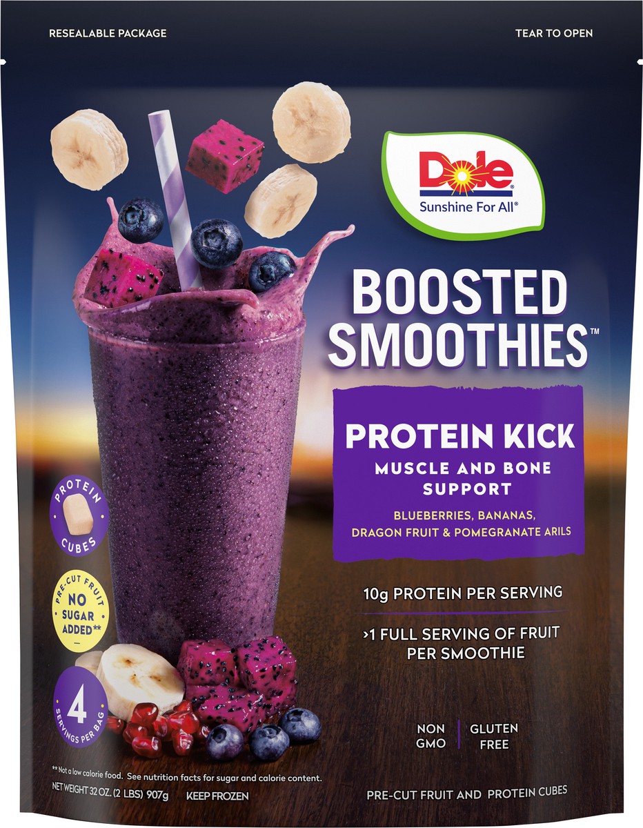 slide 6 of 9, Dole Protein Kick Boosted Blueberries, Bananas, Dragon Fruit & Pomegranate Seeds Smoothie Kit 32 oz, 32 oz