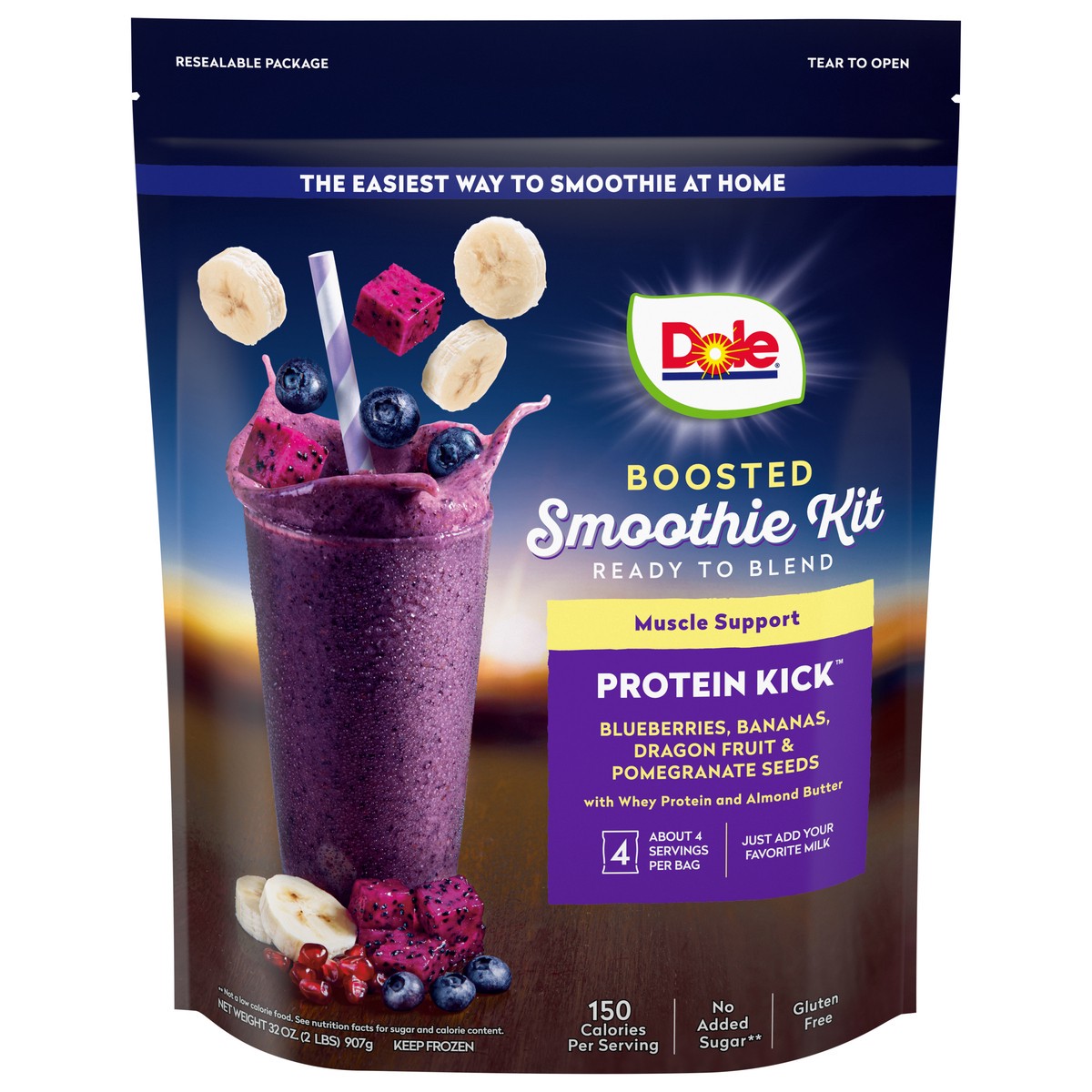 slide 1 of 9, Dole Protein Kick Boosted Blueberries, Bananas, Dragon Fruit & Pomegranate Seeds Smoothie Kit 32 oz, 32 oz