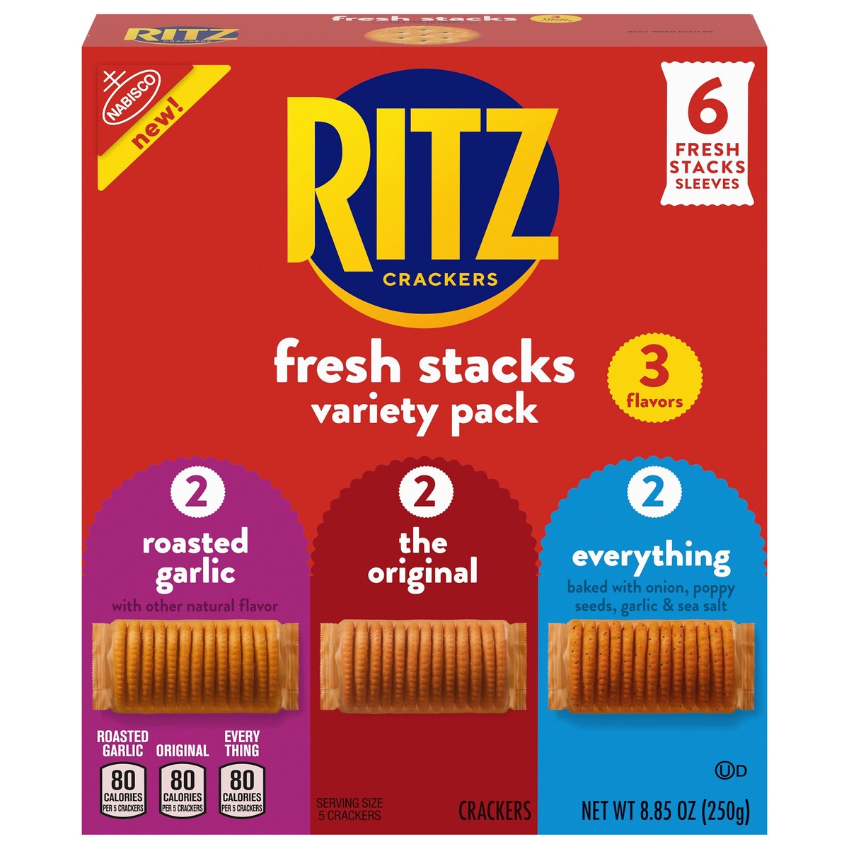 slide 1 of 15, RITZ Fresh Stacks Original, Everything, and Garlic Butter Crackers Variety Pack, Travel Snacks, 8.85 oz (6 Multi Snack Packs), 6 ct