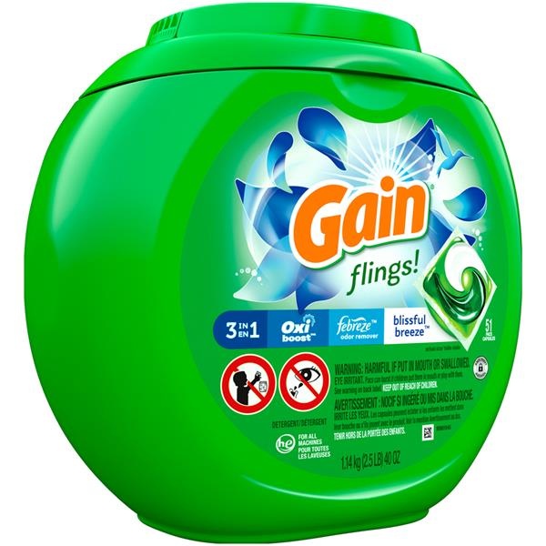 slide 1 of 1, Gain Flings Liquid Laundry Detergent, Blissful Breeze Scent, 51 Count, HE Compatible, 40 oz