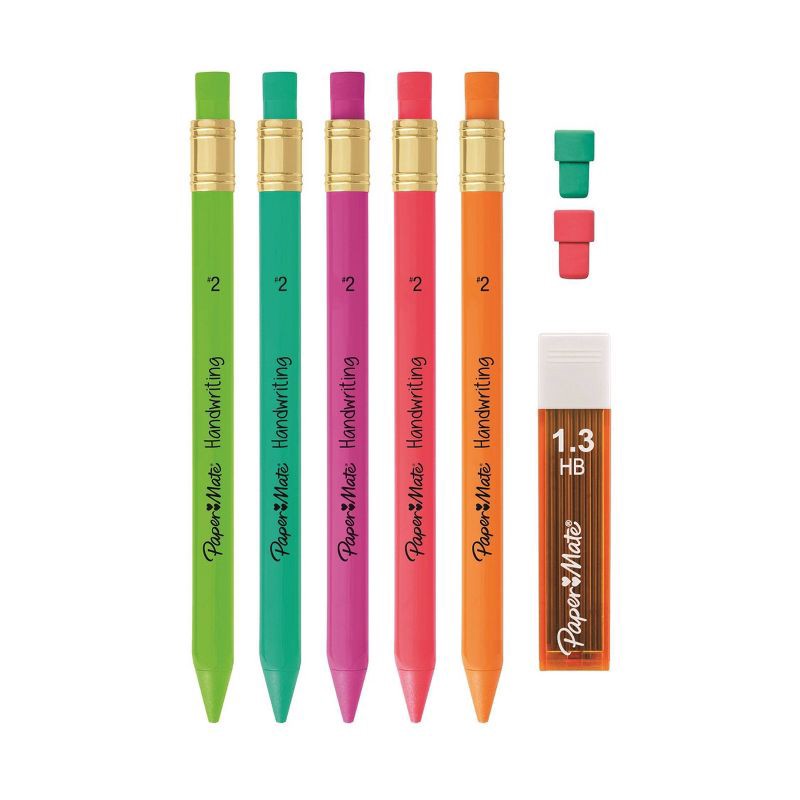 slide 2 of 4, Paper Mate Handwriting 5pk #2 Mechanical Pencils with Eraser and Refill 1.3mm Assorted Colors: School Supplies for Kids, 5 ct
