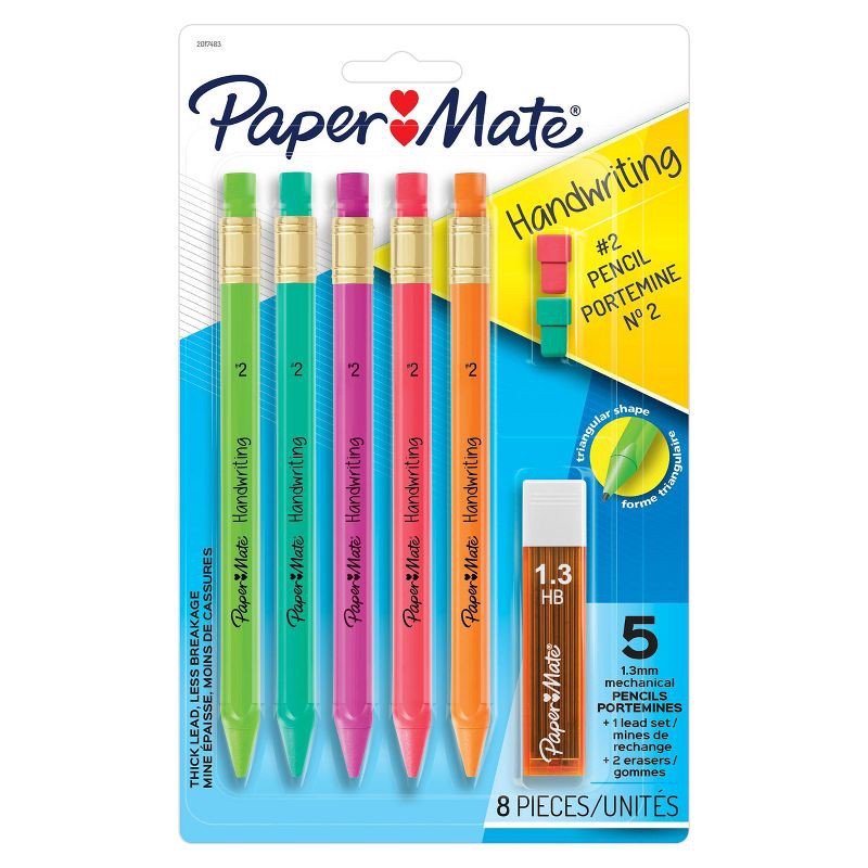 slide 1 of 4, Paper Mate Handwriting 5pk #2 Mechanical Pencils with Eraser and Refill 1.3mm Assorted Colors: School Supplies for Kids, 5 ct