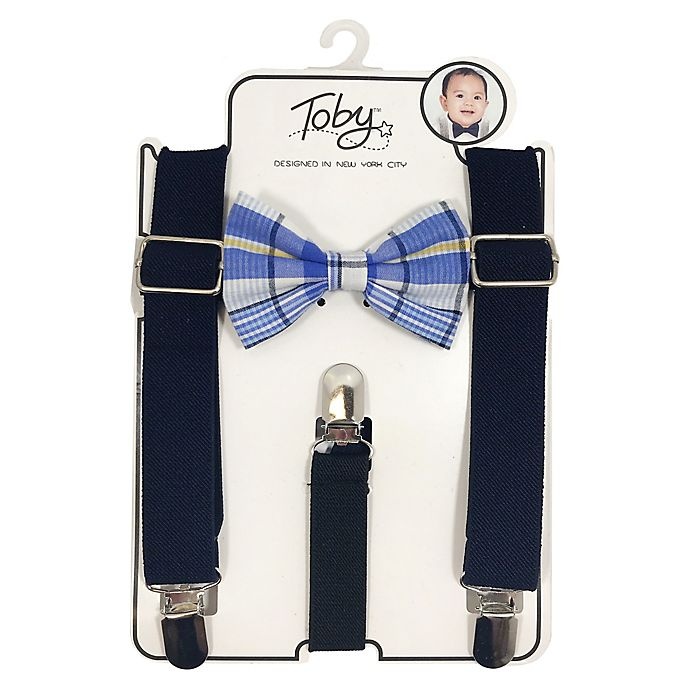 slide 2 of 2, Toby Fairy Newborn Benji Plaid Bow Tie and Suspender Set - Navy, 2 ct