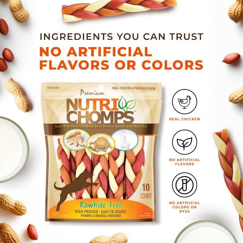 slide 5 of 7, Nutri Chomps Dog Chews Mixed Flavor Braid Chicken, Peanut Butter and Milk Dog Treats - 4.11oz/10ct, 4.11 oz, 10 ct