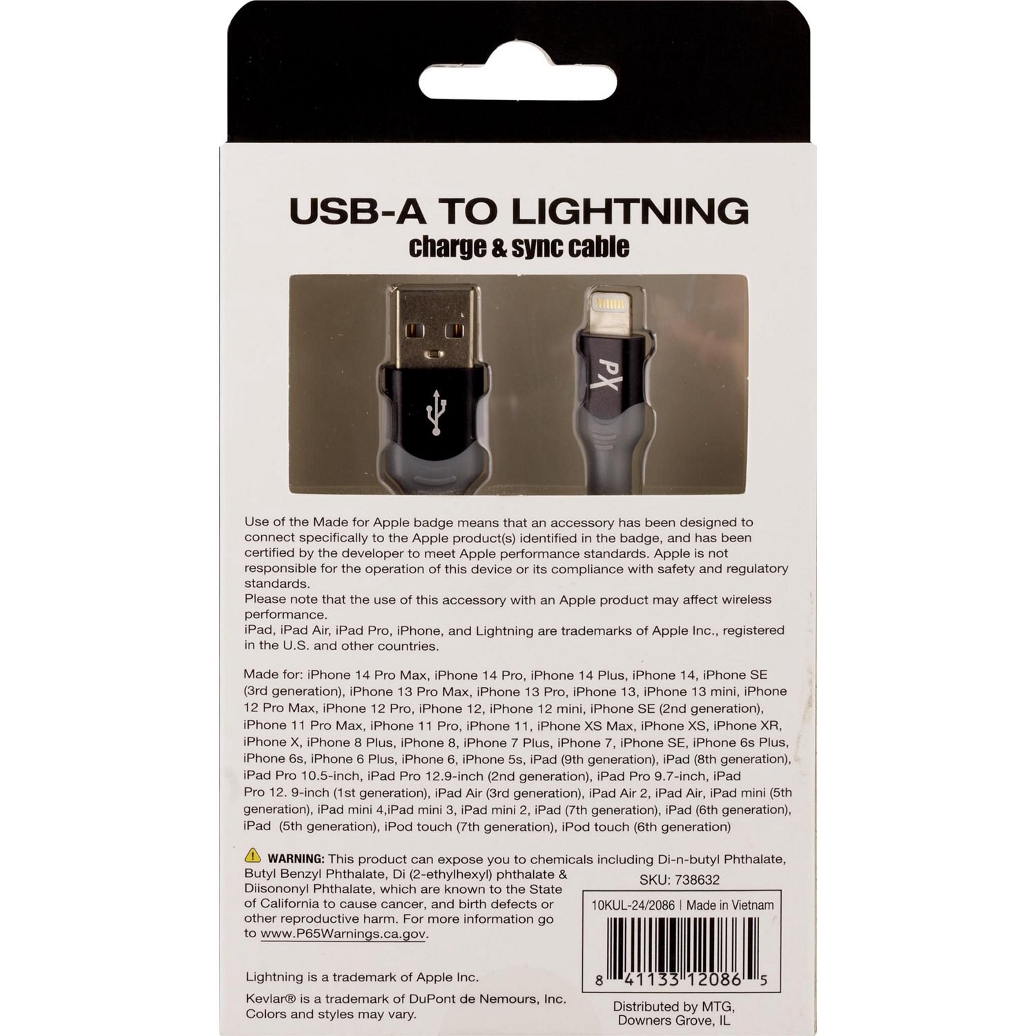 slide 5 of 5, POWERXCEL Kevlar Usb A To Lighing-10Ft Black, 1 ct