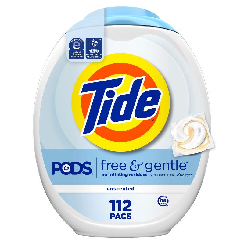 slide 1 of 12, Tide Pods HE Compatible Laundry Detergent Pacs - Free & Gentle - 112ct: Dermatologist-Tested, Child-Resistant, 112 ct