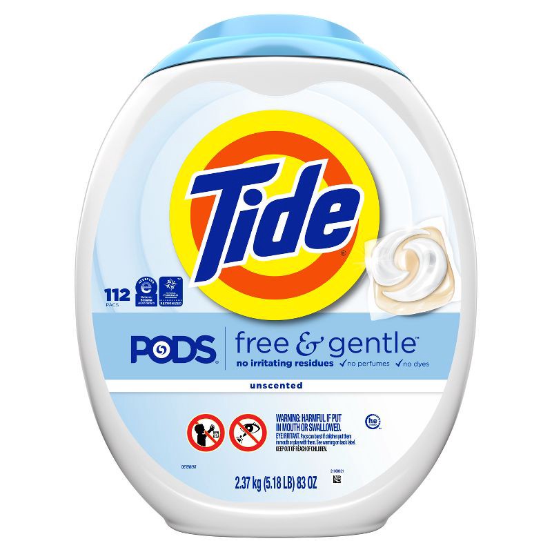 slide 11 of 12, Tide Pods HE Compatible Laundry Detergent Pacs - Free & Gentle - 112ct: Dermatologist-Tested, Child-Resistant, 112 ct