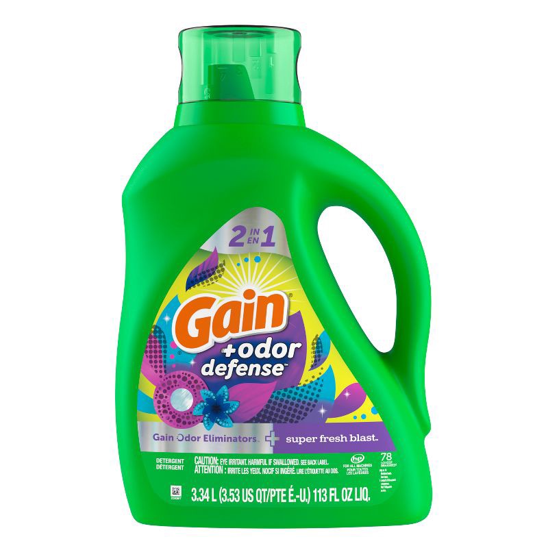 slide 2 of 13, Gain + Odor Defense Super Fresh Blast HE Deep Cleaning Concentrated Liquid Laundry Detergent 78 Loads - 113 fl oz, 113 fl oz