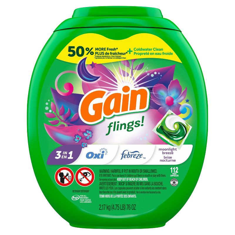 slide 12 of 13, Gain flings! Moonlight Breeze HE Deep Cleaning Concentrated Laundry Detergent Pods 112 Pacs - 76oz, 76 oz