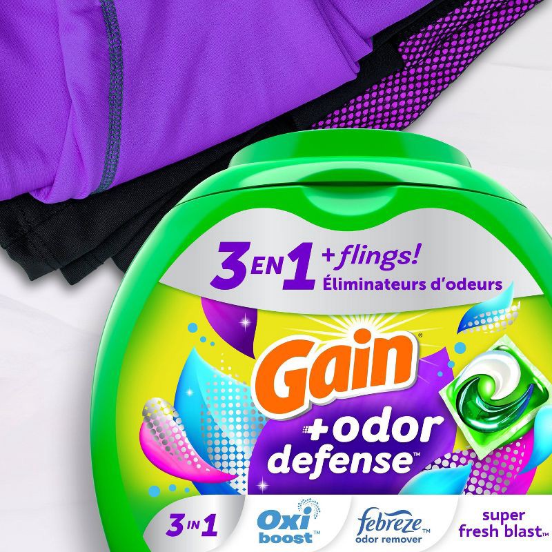 slide 3 of 9, Gain flings! + Odor Defense Super Fresh Blast HE Deep Cleaning Concentrated Laundry Detergent Pods 60 Pacs - 40oz, 40 oz