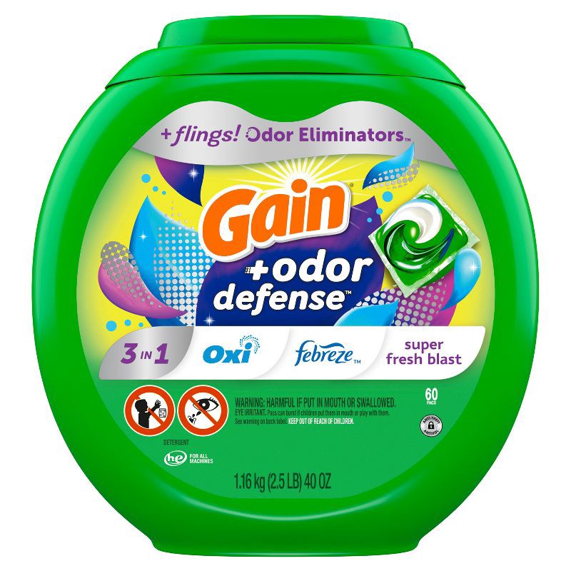 slide 8 of 9, Gain flings! + Odor Defense Super Fresh Blast HE Deep Cleaning Concentrated Laundry Detergent Pods 60 Pacs - 40oz, 40 oz