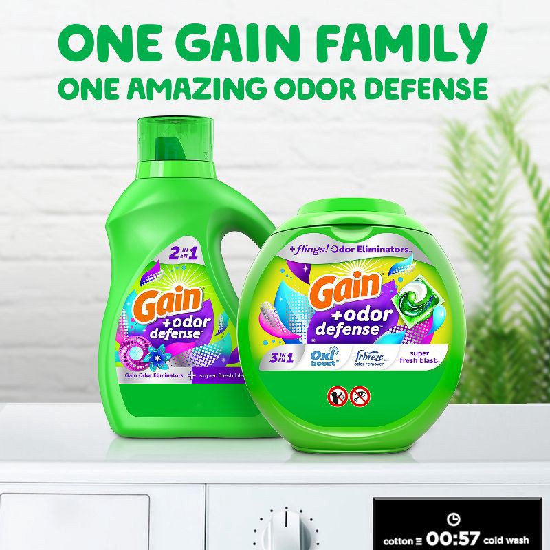 slide 7 of 9, Gain flings! + Odor Defense Super Fresh Blast HE Deep Cleaning Concentrated Laundry Detergent Pods 60 Pacs - 40oz, 40 oz