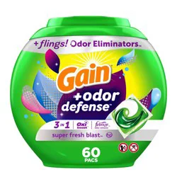 Gain flings! + Odor Defense Super Fresh Blast HE Deep Cleaning Concentrated Laundry Detergent Pods 60 Pacs - 40oz