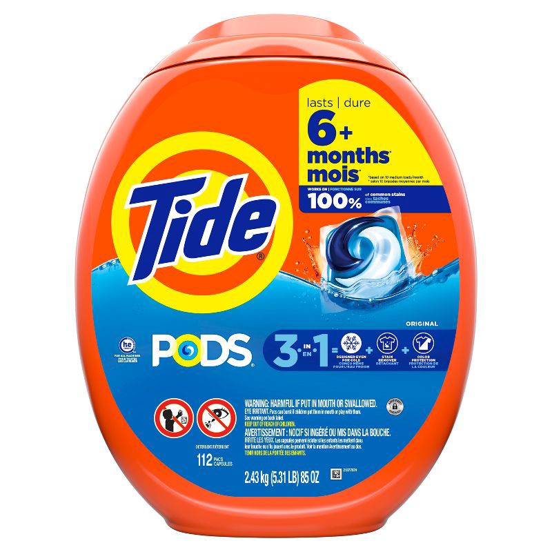 slide 12 of 13, Tide Original HE Laundry Detergent Pods 112 Pacs - 85oz: Plastic Tub, Odor Control, Cold Water, Child-Resistant, 85 oz