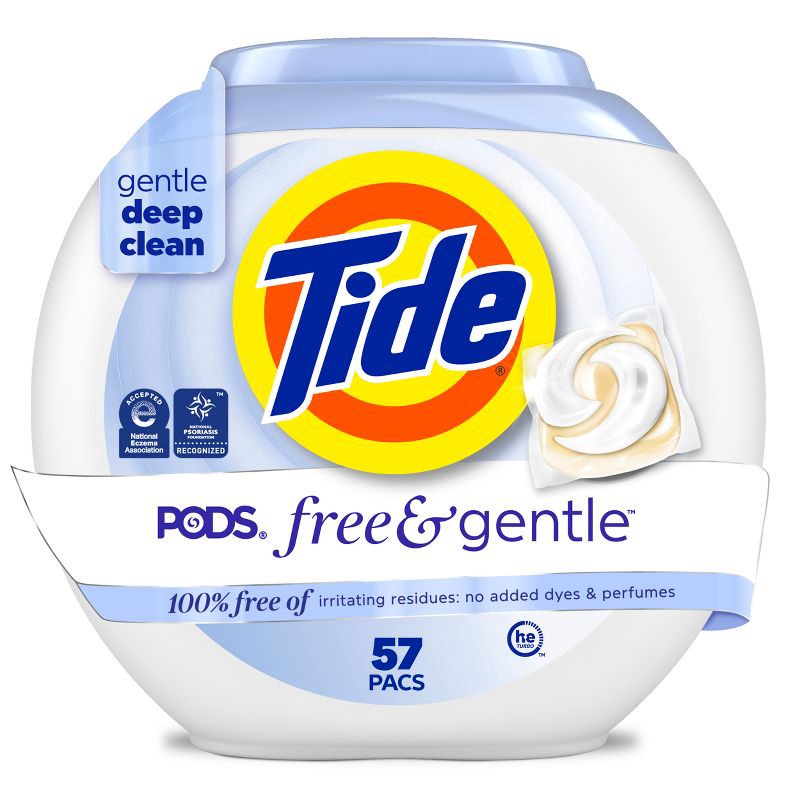 slide 1 of 14, Tide Free & Gentle HE Laundry Detergent Pods 57 Pacs - 42oz: Hypoallergenic, Dye-Free, Child-Resistant Packaging, Dermatologist Tested, 42 oz