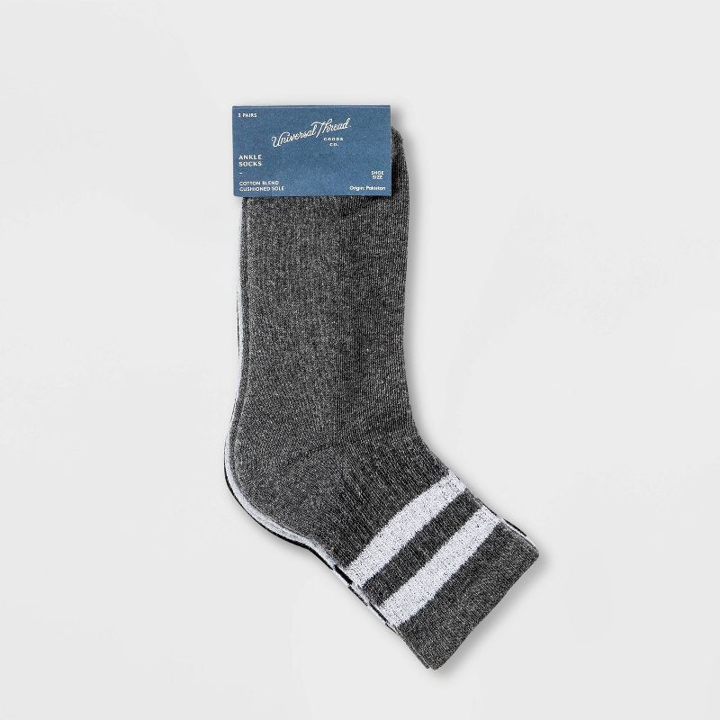 slide 2 of 2, Women's Striped Cushioned Ankle Socks 3pk - Universal Thread™ Heather Gray/Charcoal Heather/Black 4-10: Tagless, Knit, 3 ct